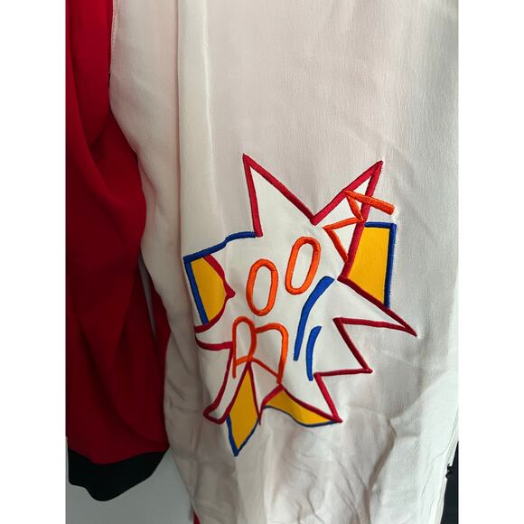 Vintage IB Diffusion Blouse Top Womens 16 Silk Pop Cartoon Embroidered Comic Red - Picture 6 of 7